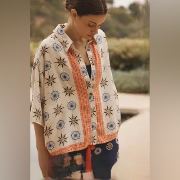 Anthropologie Tops - By Anthropologie Printed Short-Sleeve Linen Buttondown Shirt Top Cream compass